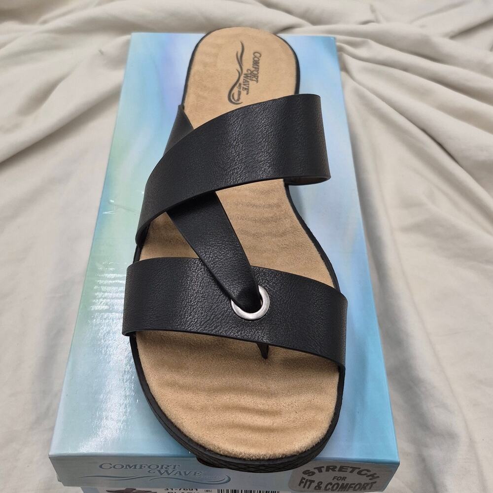 NEW Easy Street Gulf Black Grommet Loop Crossover Strap Thong Slide Sandals 12W